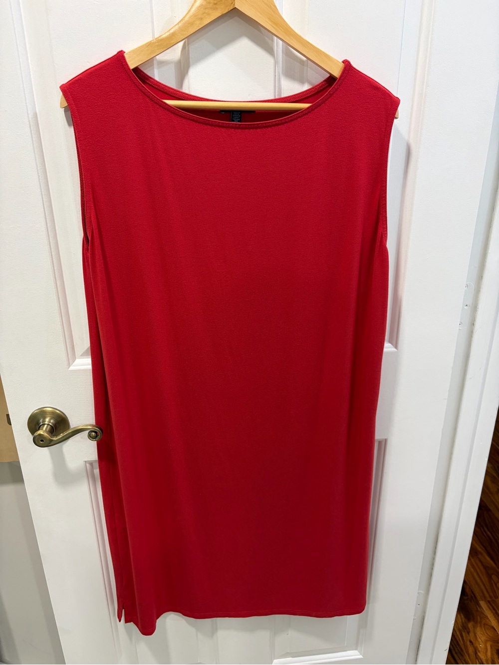 Tomato Red Eileen Fisher Boatneck Shift Dress Jersey Sleeveless Large Easy Fit